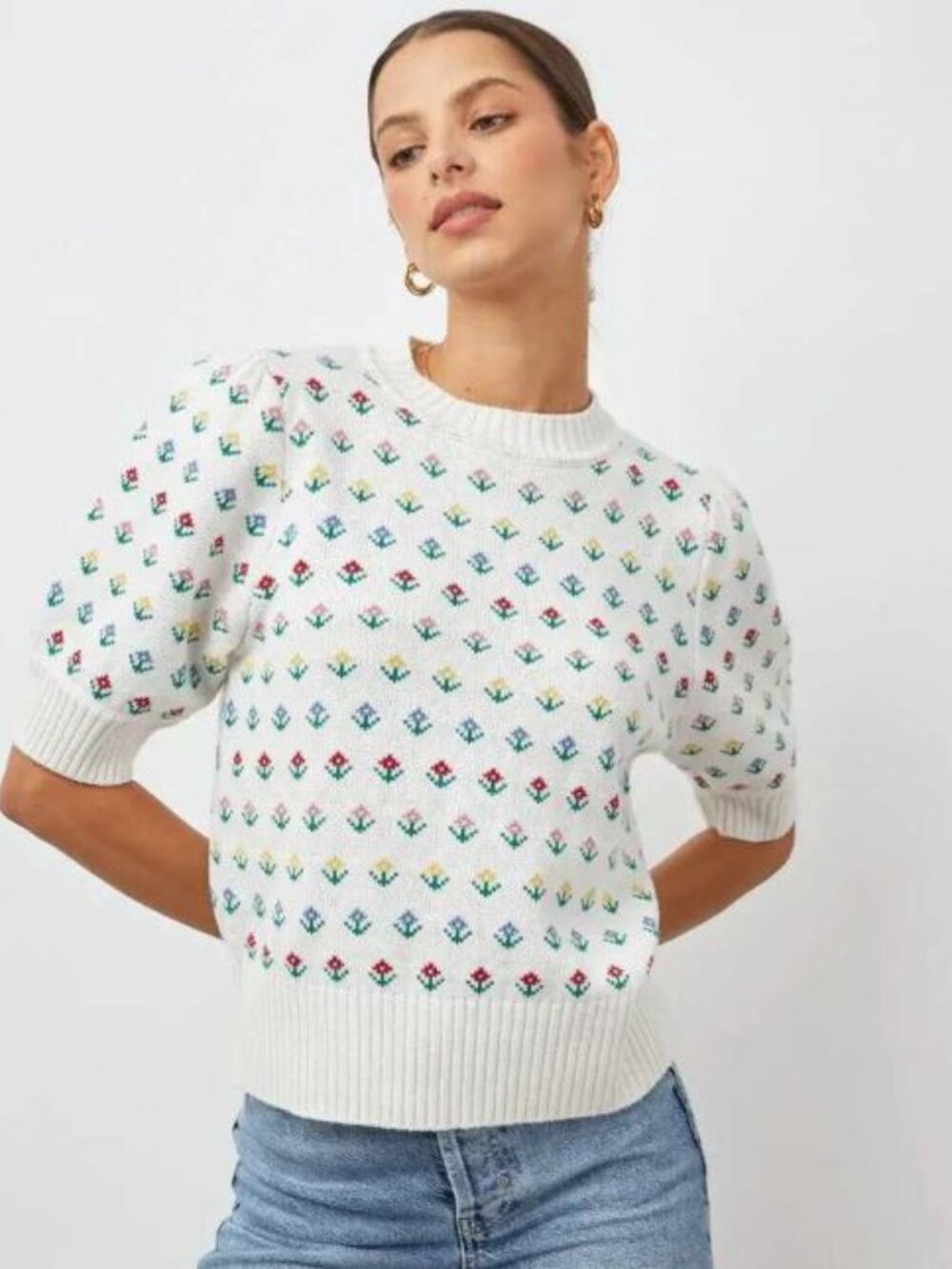 Rails Marie Short Sleeve Jumper Alpine Floral White Wool/Cotton Size Medium